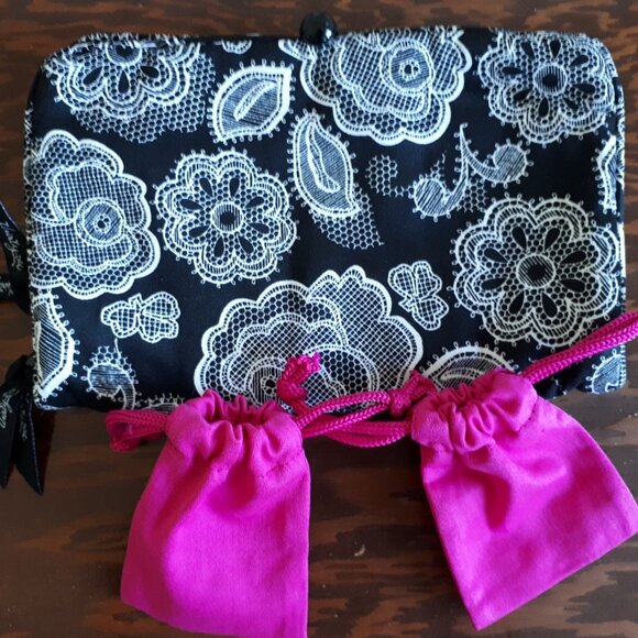 Retired Thirty One Jewelry Roll Pouch Case Holder Black & White Travel Storage - Picture 3 of 4